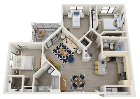 A top-down view of a house layout with a kitchen, living room, and bathroom.
